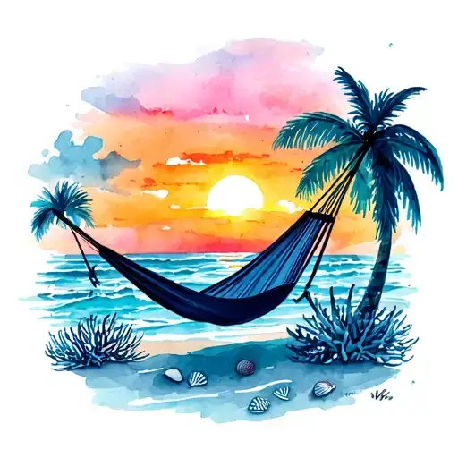 Palm Trees Hammock Beach Sunset Shells Nearby And Corals