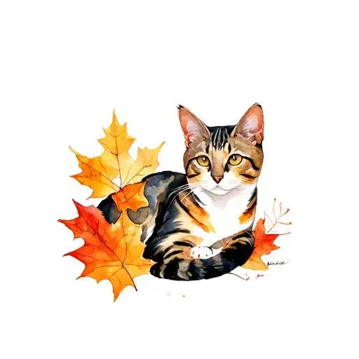Cat Laying On Fall Leaves