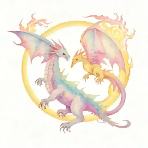 Two Fantasy Dragons Flying Opposite One Flying Up To The Sun The Other Flying Down To The Moon