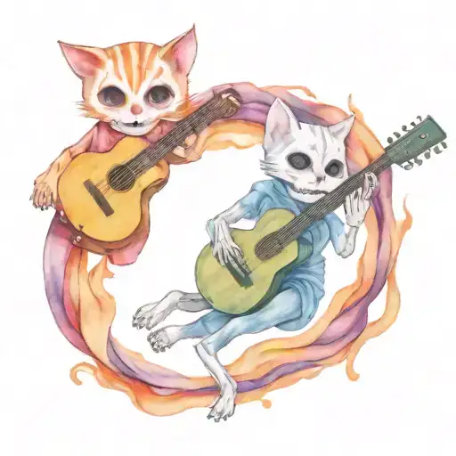 A Skeleton Cat Playing The Guitar Around A Campfire At Night