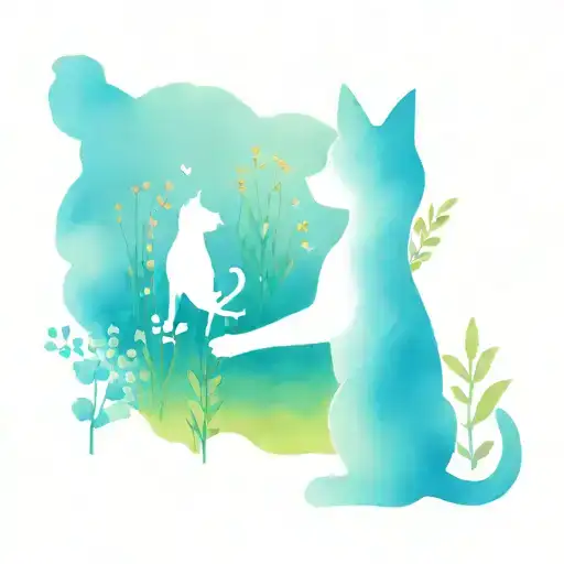 A Minimalist Design Of A Cat And A Dog Playing Together In A Field Of Flowers