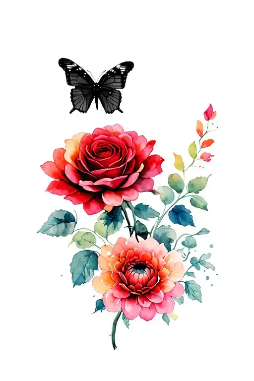 Black Rose And Red Chrysanthemum With Butterfly Perched