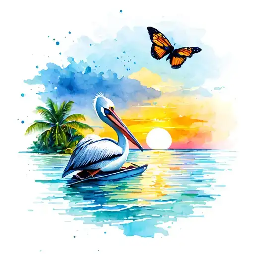 Tropical Beach Sunset Pelican Flying Butterfly Sailboat
