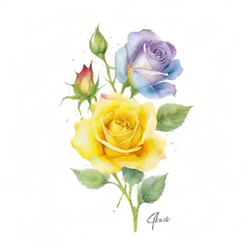 Two Yellow Roses With One Rose Having Red Flower Petles Coming Off