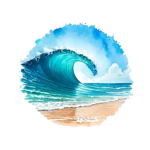 Wave Crashing Into Beach With Outlines And Blue Turquoise Splashed Paint On Top