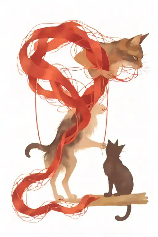 Playful Cat And Raven Play With The Red String Of Fate