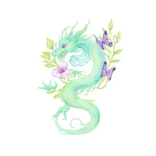 Long Chinese Dragon With Blue And Purple Flowers And Butterfly
