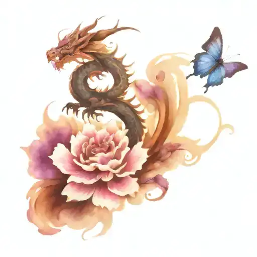 Long Black Chinese Dragon With Blue And Purple Flowers And Butterfly