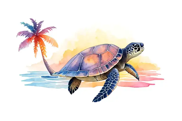 Sea Turtle Sunset Palm Tree