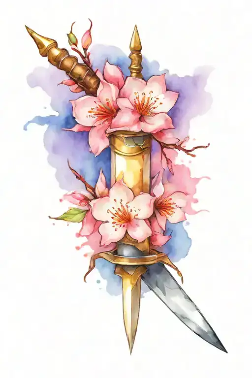 Thin Elegant Fantast Dagger With Cherry Blossom Wrapped Around It