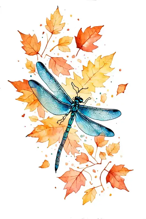 Dragonfly Surrounded With Fallen Leafs