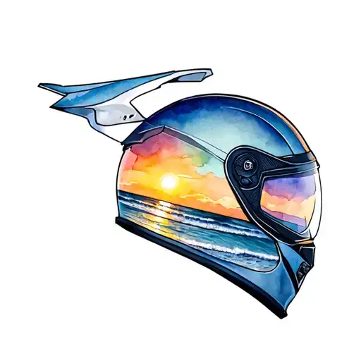 Motorcycle Helmet With Reflexion Of Sunset On The Beach In The Visor