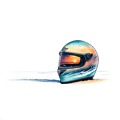 Motorcycle Helmet With Reflexion Of Sunset On The Beach In The Visor Front Facing