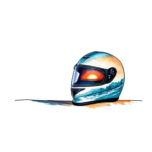 Motorcycle Helmet With Reflexion Of Sunset On The Beach In The Visor Which Front Faces The Viewer