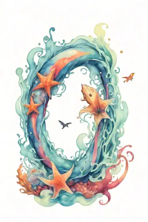 Ocean Waves And Sea Creatures Combining Elements