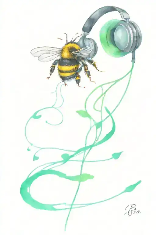 A Bumblebee With Headphones Listening To Music Notes Flowing