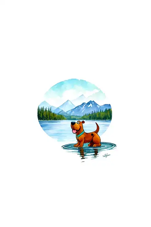 Scooby Doo On A Lake Surrounded By Mountains