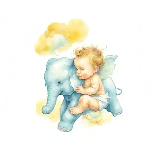 Happy Baby Angel With A Cute Baby Elephant In The Clouds