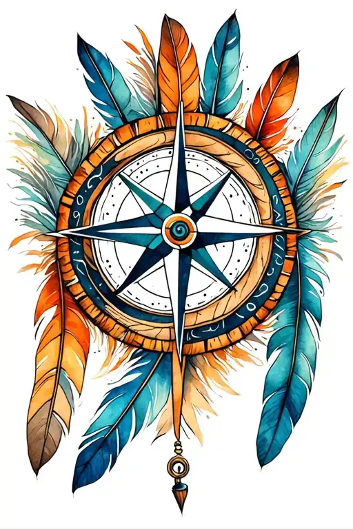 Compass Rose Intertwined Native Feathers Floating
