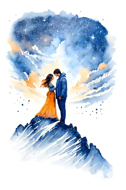 A Couple On A Mountain Top Underneath The Starry Sky