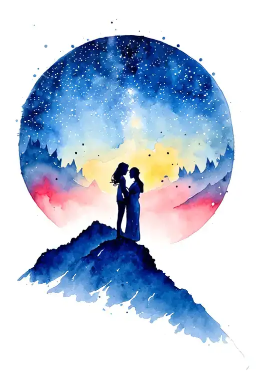 A Couple On A Mountain Top Underneath The Starry Sky