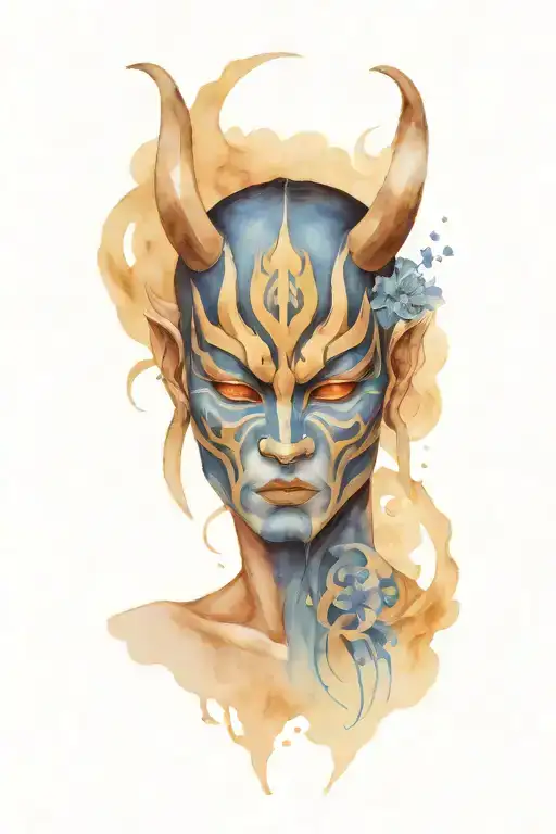 Oni Mask Blue And Black With Gemini Zodiac Sign In The Eye