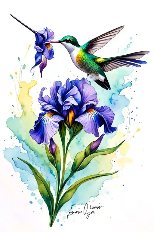Iris Flower With Hummingbird Hovering