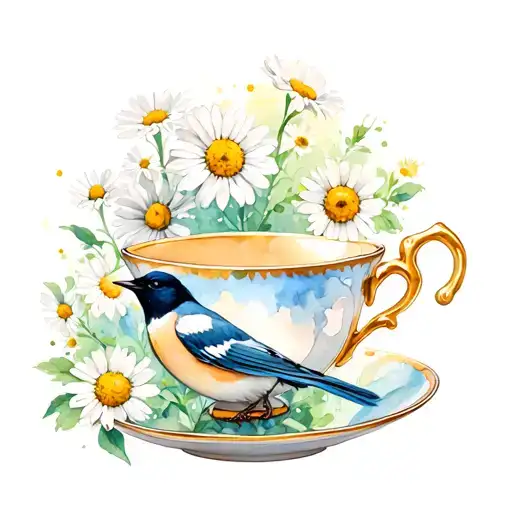 Teacup With Magpie With Daisy Flowers