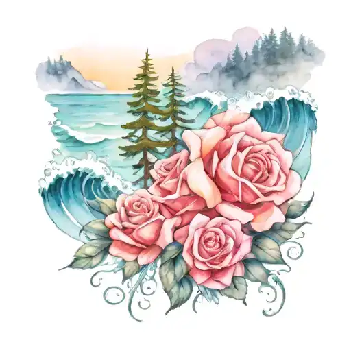 Redwood Trees And Roses And Ocean Wave Crashing