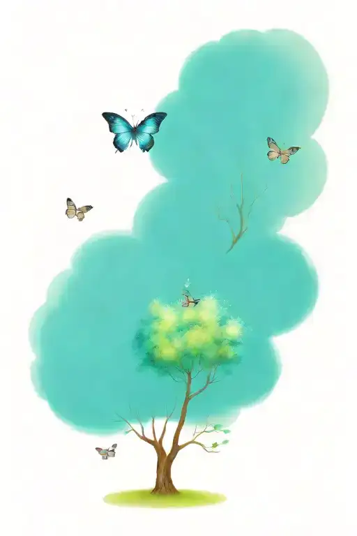 Big Willow Tree Over Two Little Lilac Bushes With Butterflies