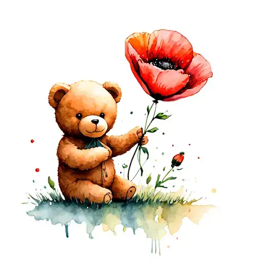 Teddy Bear Holding A Poppy Flower Like A Balloon Floating