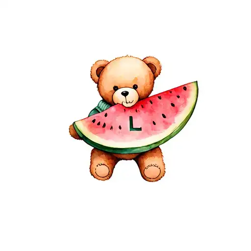 Teddy Bear Eating A Watermelon Slice With A Sweater With The Letter L On It