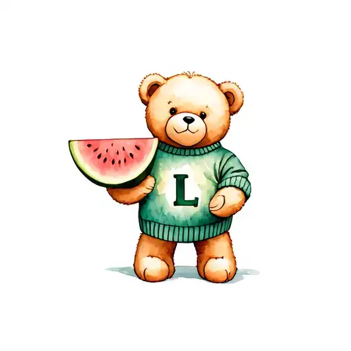 Teddy Bear Holding A Small Watermelon Slice With A Sweater With The Letter L On It