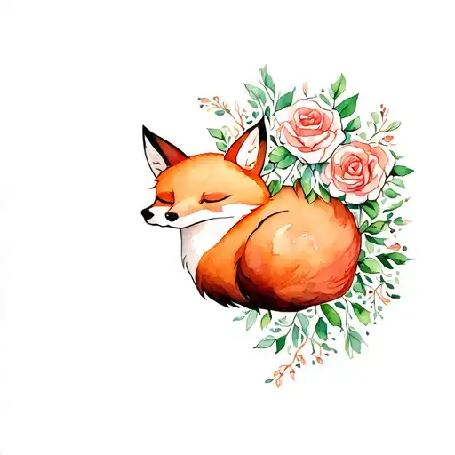 Fox Sleeping Wrapped With His Tail And Roses Surrounded