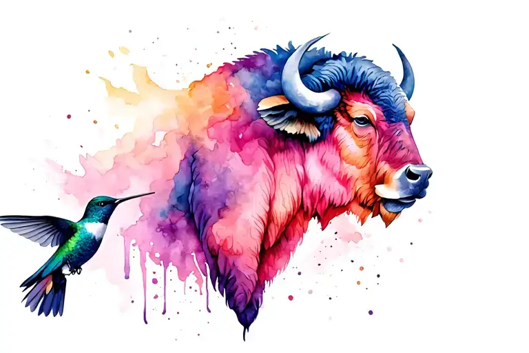 Buffalo Head And Humming Bird Flying