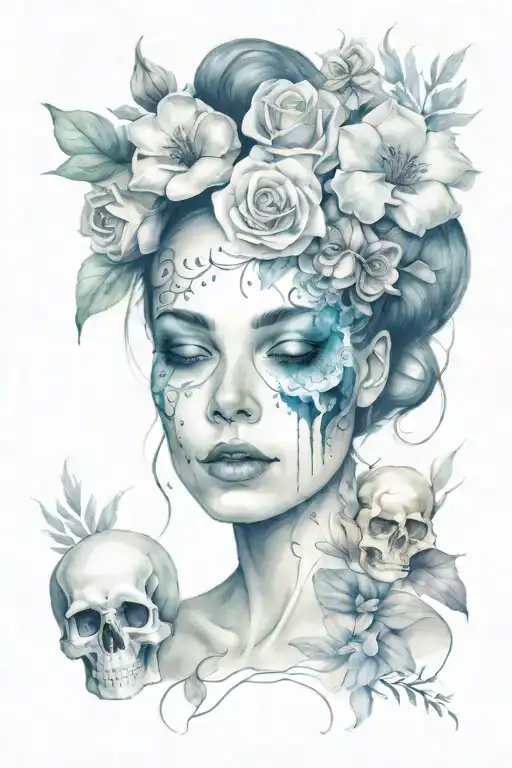 Ladyface With Flowers And Skull Inside