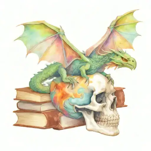A Dragon Flying Out Of A Skull With Books