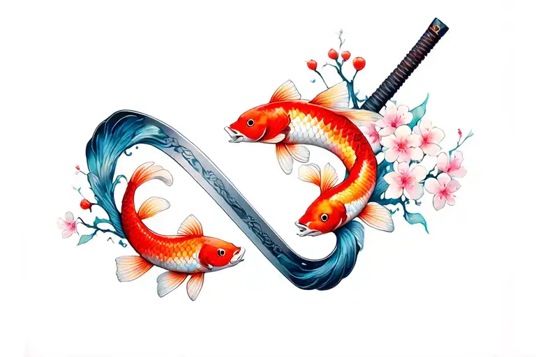 Katana With Two Swimming Koi Fishes Around It And Cherry Blossom Growing Around The Katana