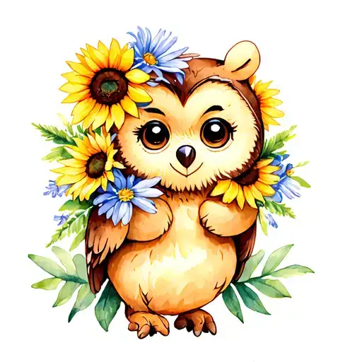 Winnie The Pooh Owl Holding Sunflowers And Aster Flowers