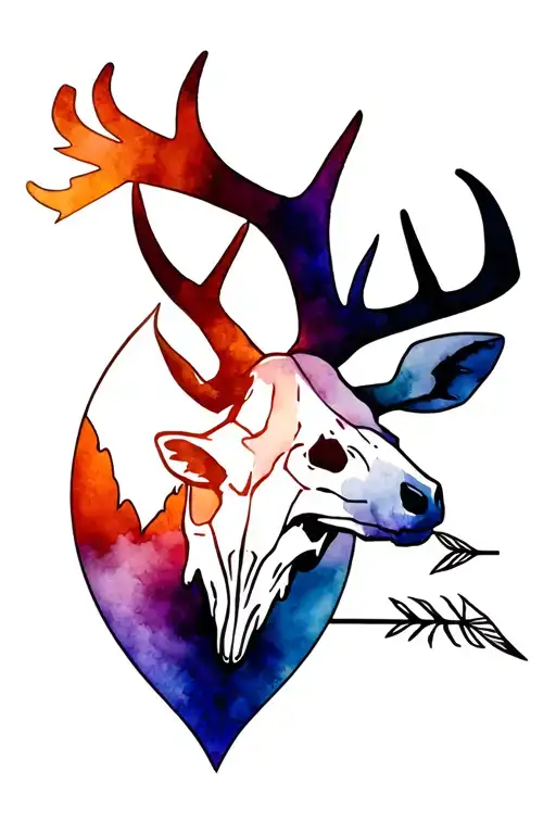 American Mule Deerskull With Mountains Inside And A Feathered Arrow