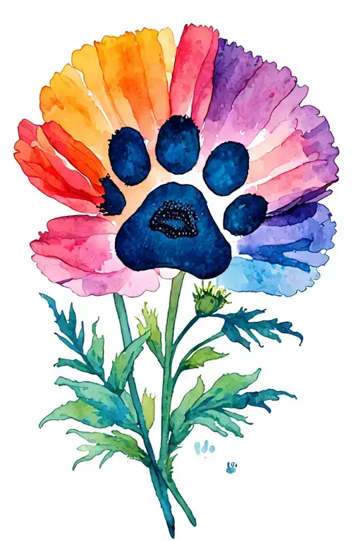 Marigold And Poppy Flower With Dog Paw Print