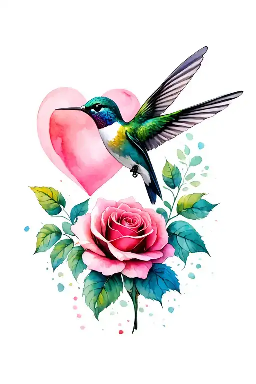 Humming Bird Drinking From Pink Rose And A Heart