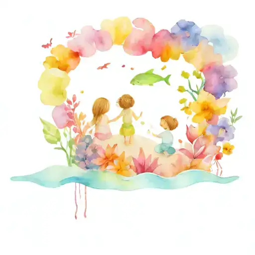 A Whimsical Underwater Scene With Children Playing On The Beach Surrounded By Colorful Flowers