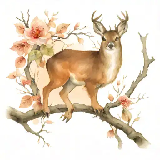 Whippoorwill And Deer And Tree Branch