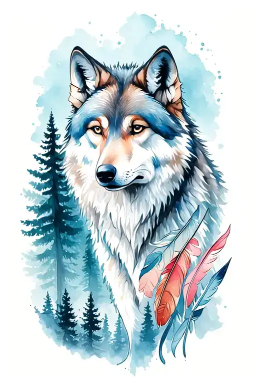 Feminine Wolf With Feathers And Forest Landscape