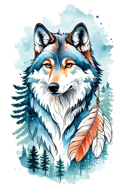 Feminine Wolf With Feathers And Forest Landscape