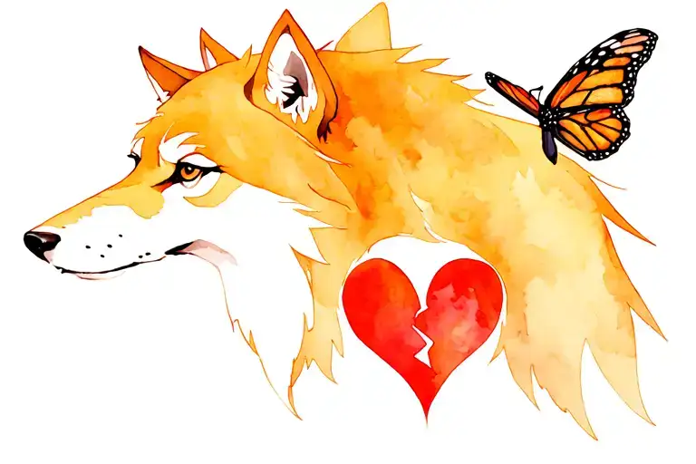 Sad Wolf With Broken Purple Heart And Monarch Butterfly