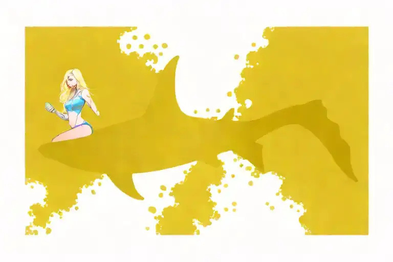 Cute Blonde Girl With Blue Eyes Riding On Top Of A Hammerhead Shark Through Some Colorful Coral Reef