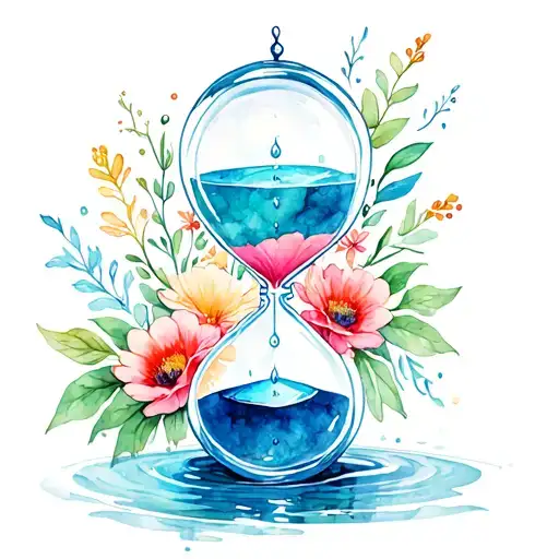 Floral With Time Hourglass With Running Water Inside