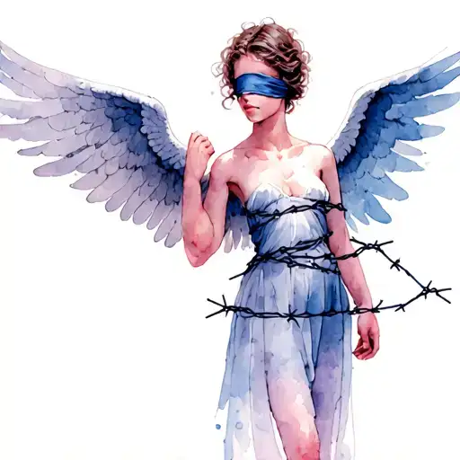 A Blindfolded Angel With Barbwire Wrapped Around Its Wings